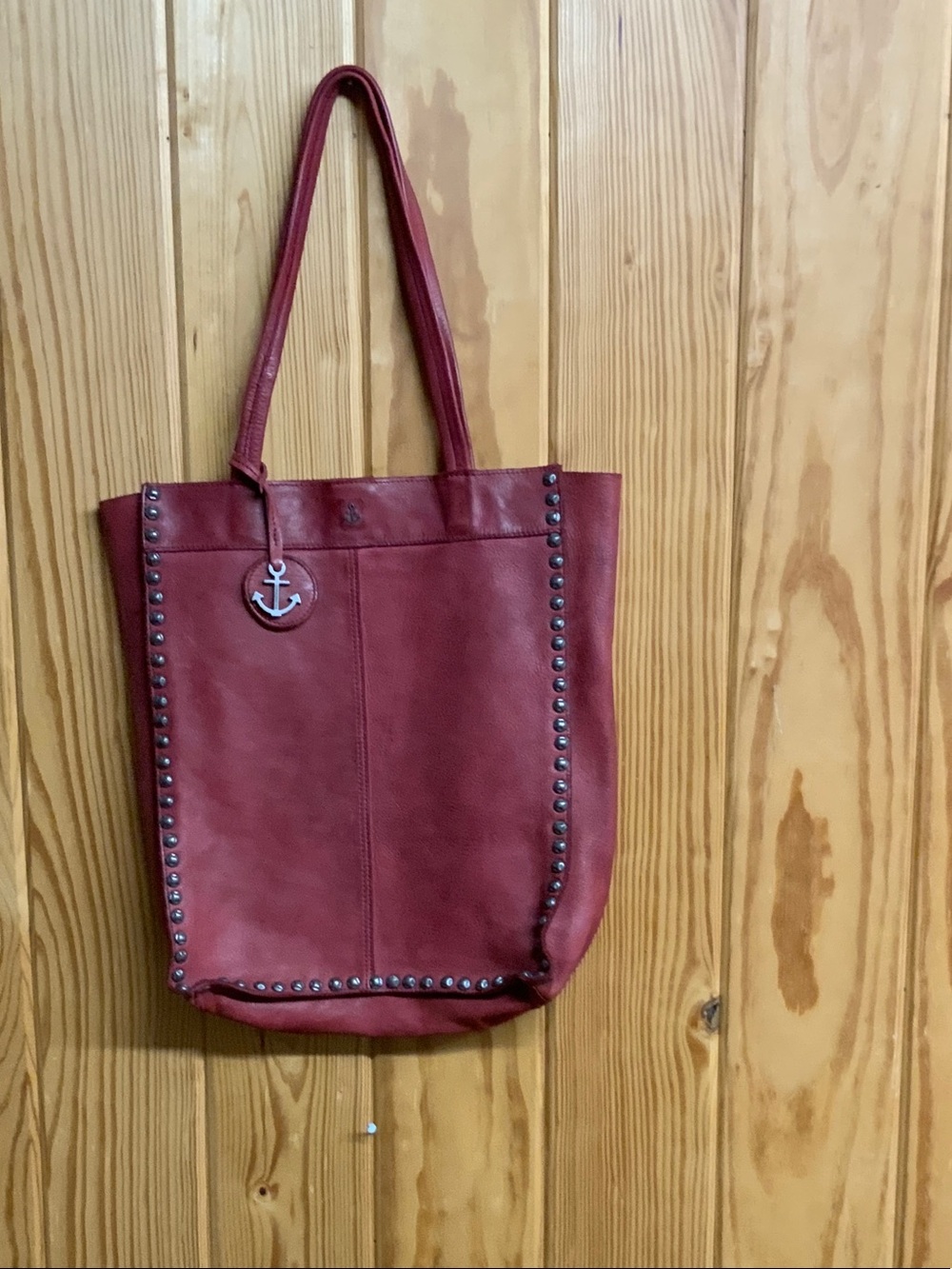 Stud-Trim Red Leather Tote with Anchor Charm